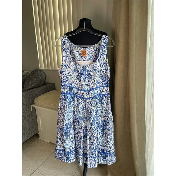 Tory Burch Ramona Fit & Flare Dress Floral Blue Silk Blend celeb Runway 12 $450 - Picture 9 of 16